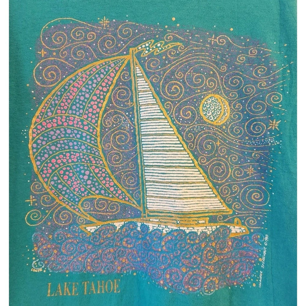 Vtg Lake Tahoe Men T-Shirt Teal Sailboat Celestial Print Single Stitch Crew Neck